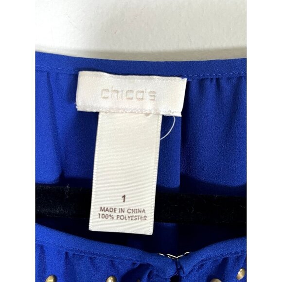 Chicos Top Women M Blue Pullover Mature Studs Peplum Neutral Coastal Classic - Picture 2 of 10